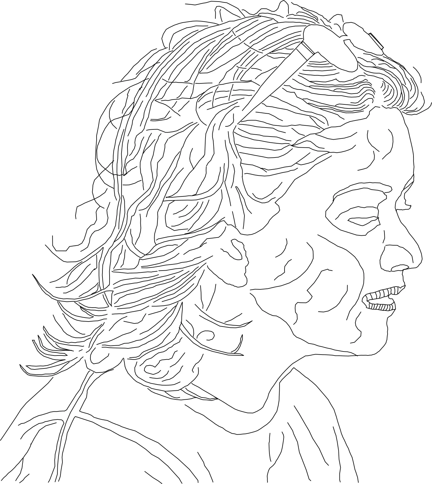 Line drawing of a person in profile facing right, with long flowing hair and sunglasses pushed up onto the top of their head. Their mouth is slightly open. Rendered in a single continuous black line style on a white background.