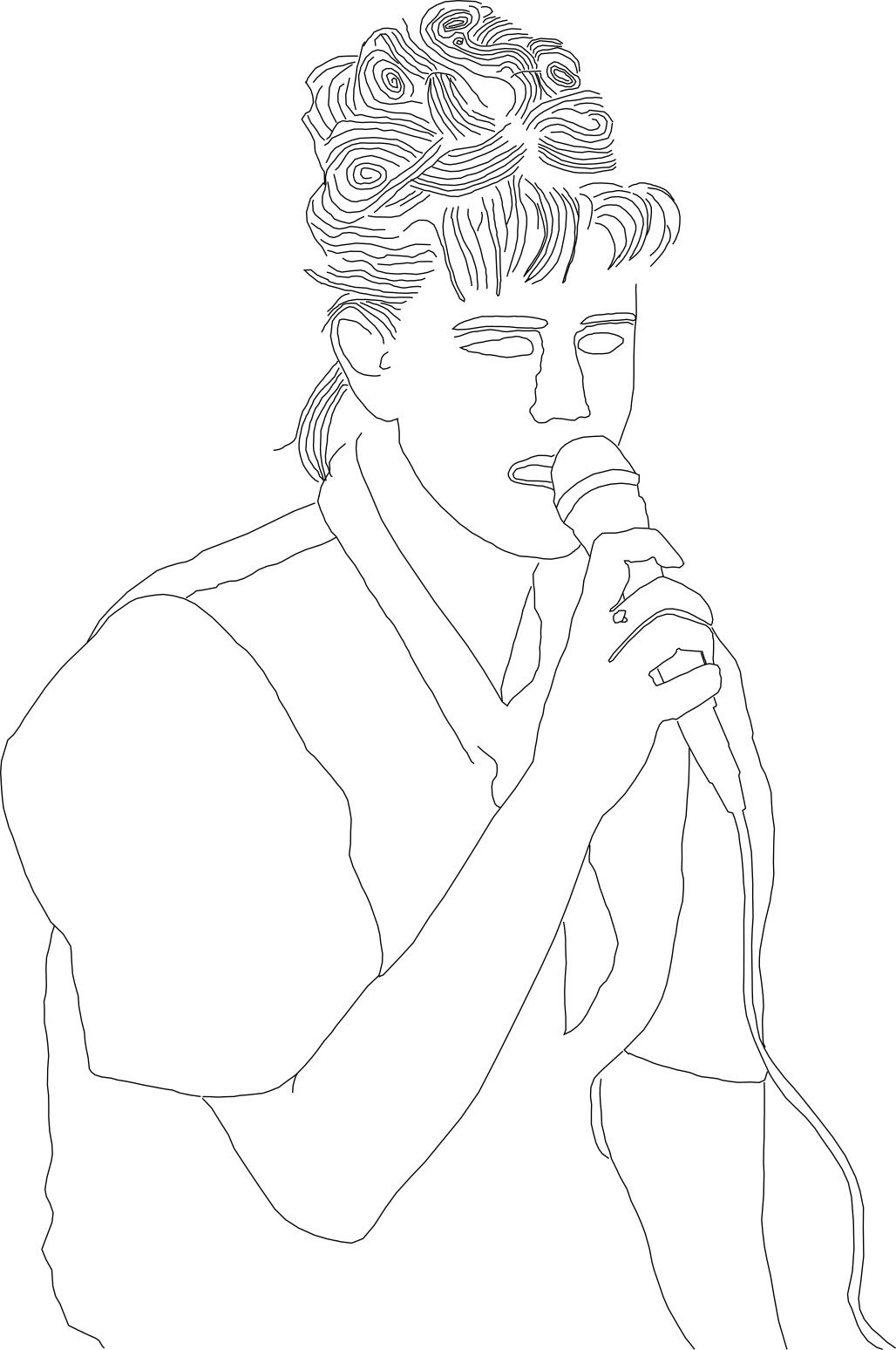 Line drawing of a person with an undercut hairstyle singing into a handheld microphone, eyes closed, head tilted down, wearing a sleeveless top.