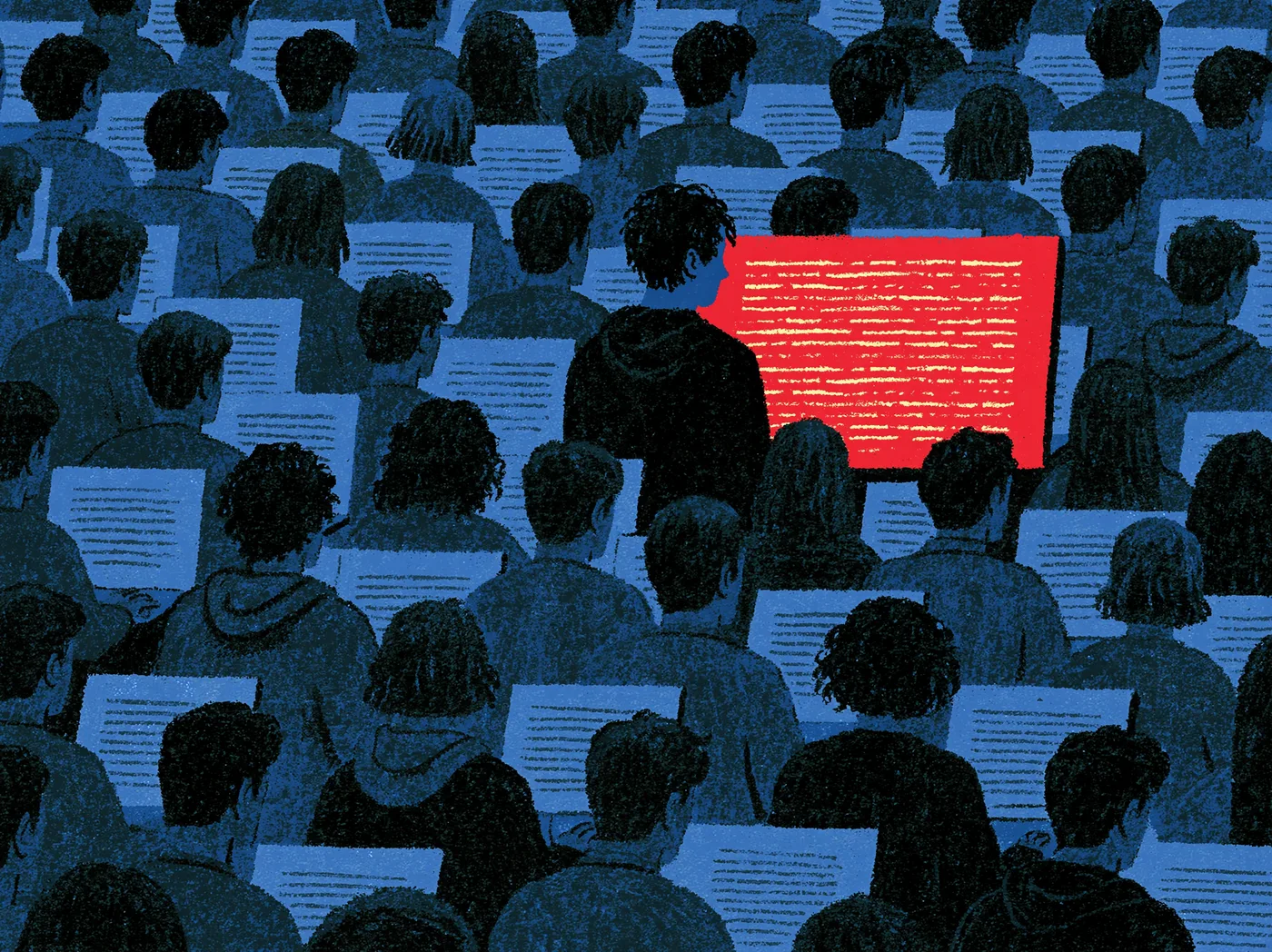 An illustration of a dense crowd seen from behind, rendered in blue and grey, each person facing a pale screen of digital text. Near the centre one figure in a dark hoodie has turned their head towards a screen whose screen glows bright red, the only colour in the room.